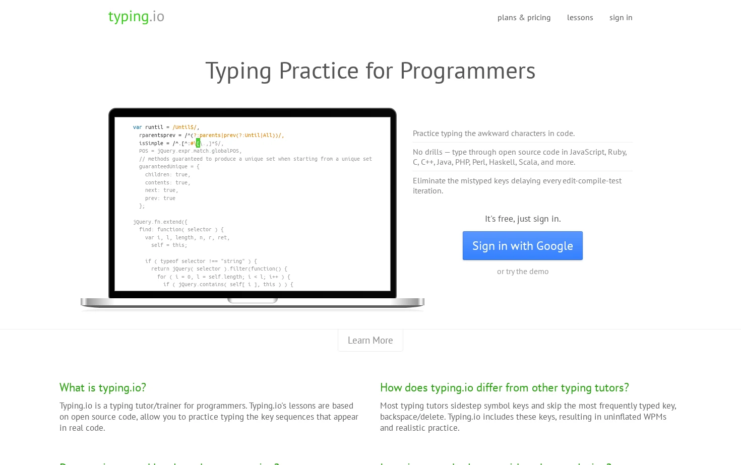 Typing Practice for Programmers 页面快照